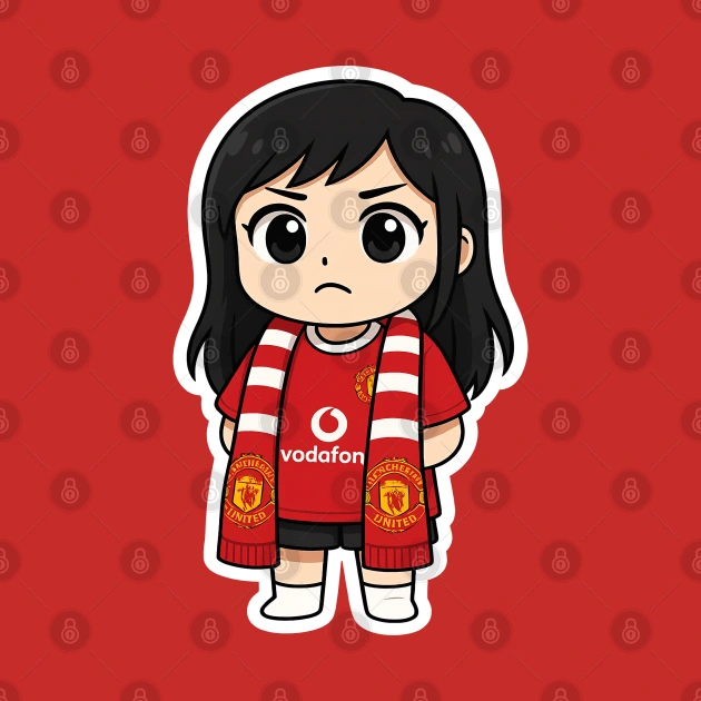 A chibi anime image of a little girl called Sue, all serious and ready for the next Manchester United game.