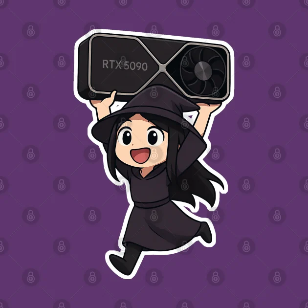A chibi anime image of a little girl called Sue who managed to grab hold of a brand new RTX 5090 graphics card.