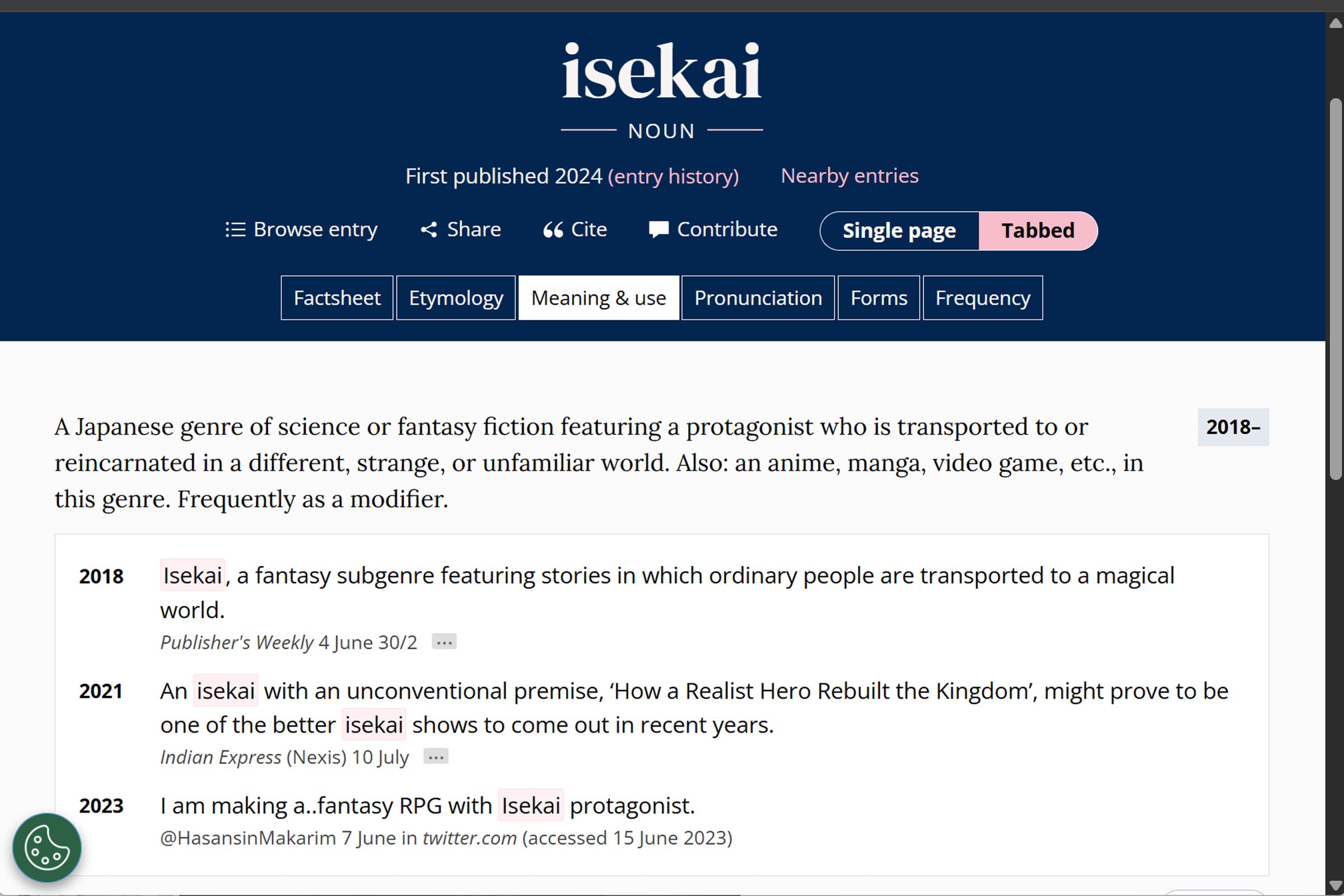 English term "isekai" was added to the Oxford English Dictionary